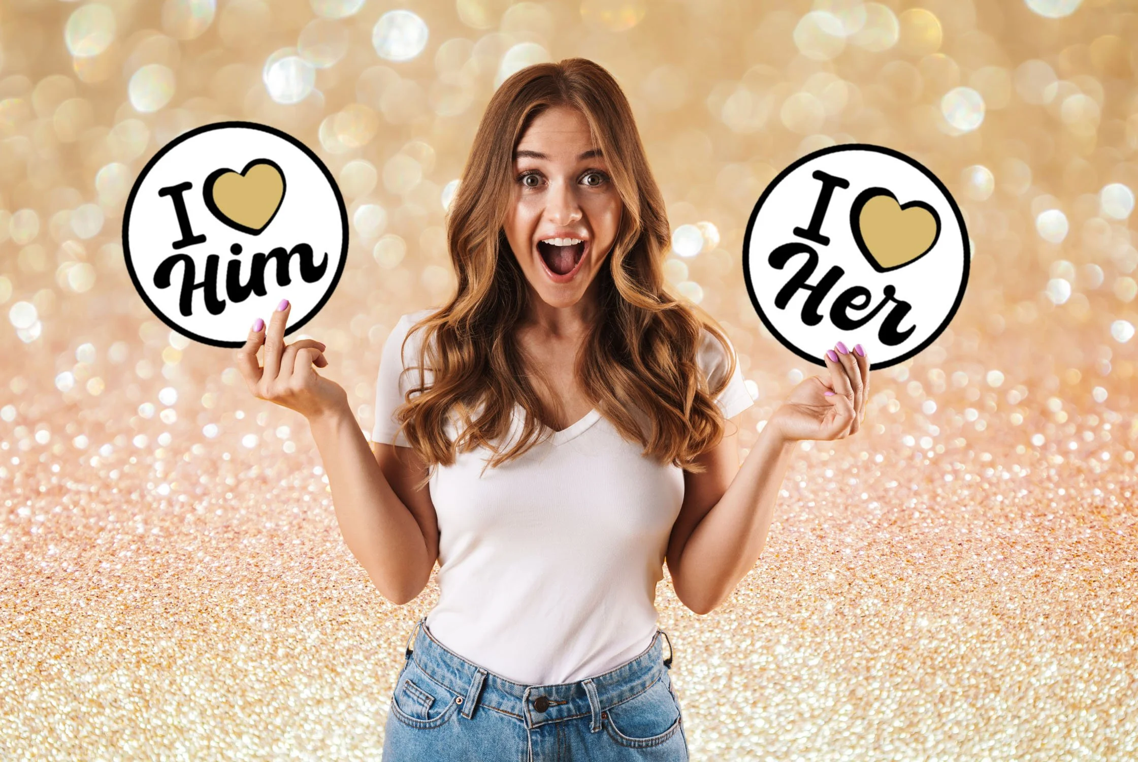 Excited guest holding "I love Him" and "I love Her" wedding signs at an Ausome Love Studio Darwin photo booth with a gold glitter background.