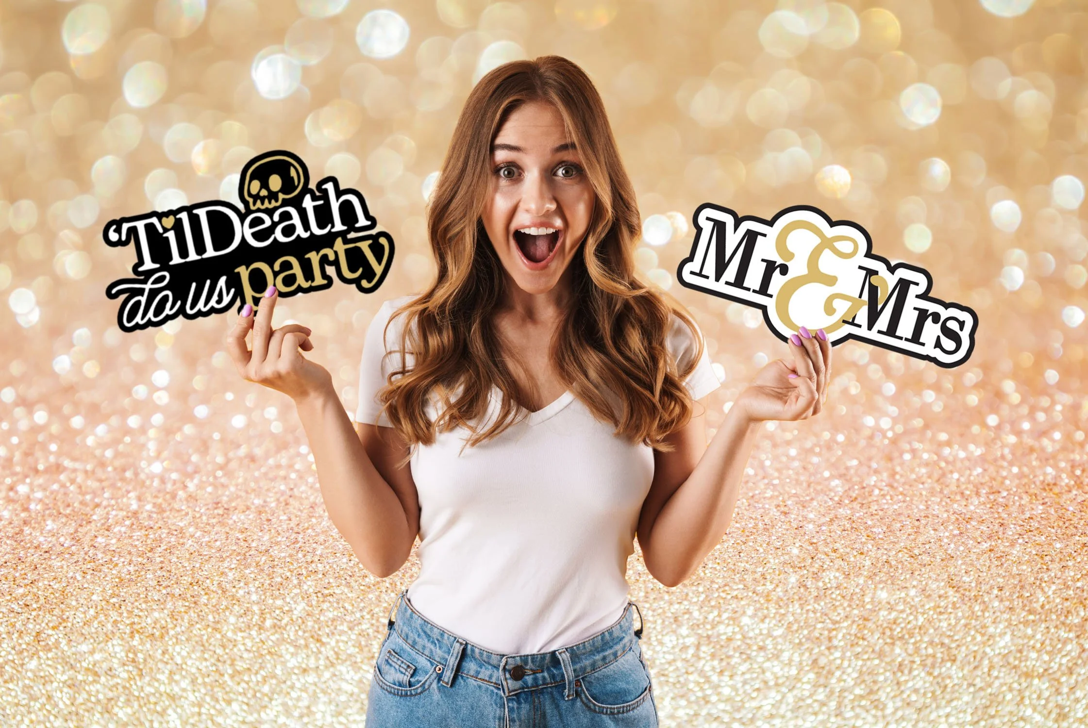 A woman with long, wavy hair and a white t-shirt holding signs that say 'Till Death do us party' with a skull icon and 'Mr & Mrs' against a sparkling, golden background.