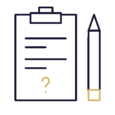 A navy blue background with a yellow question mark, a pencil, and a square shape.