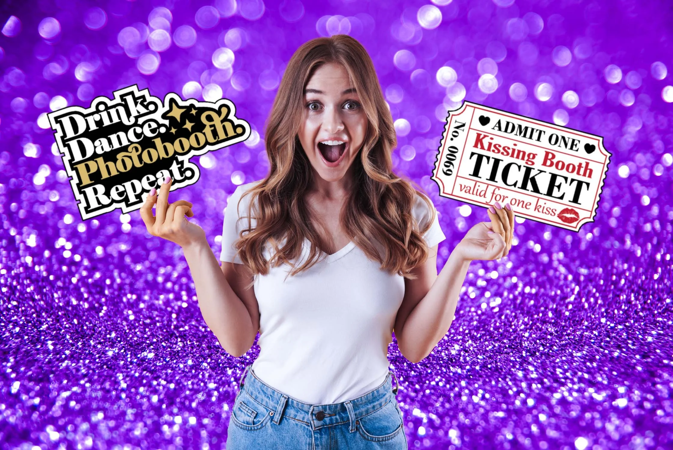 Woman holding a "Kissing Booth Ticket" at an Ausome Love Studio event in Darwin, posing against a vibrant purple sparkle backdrop.