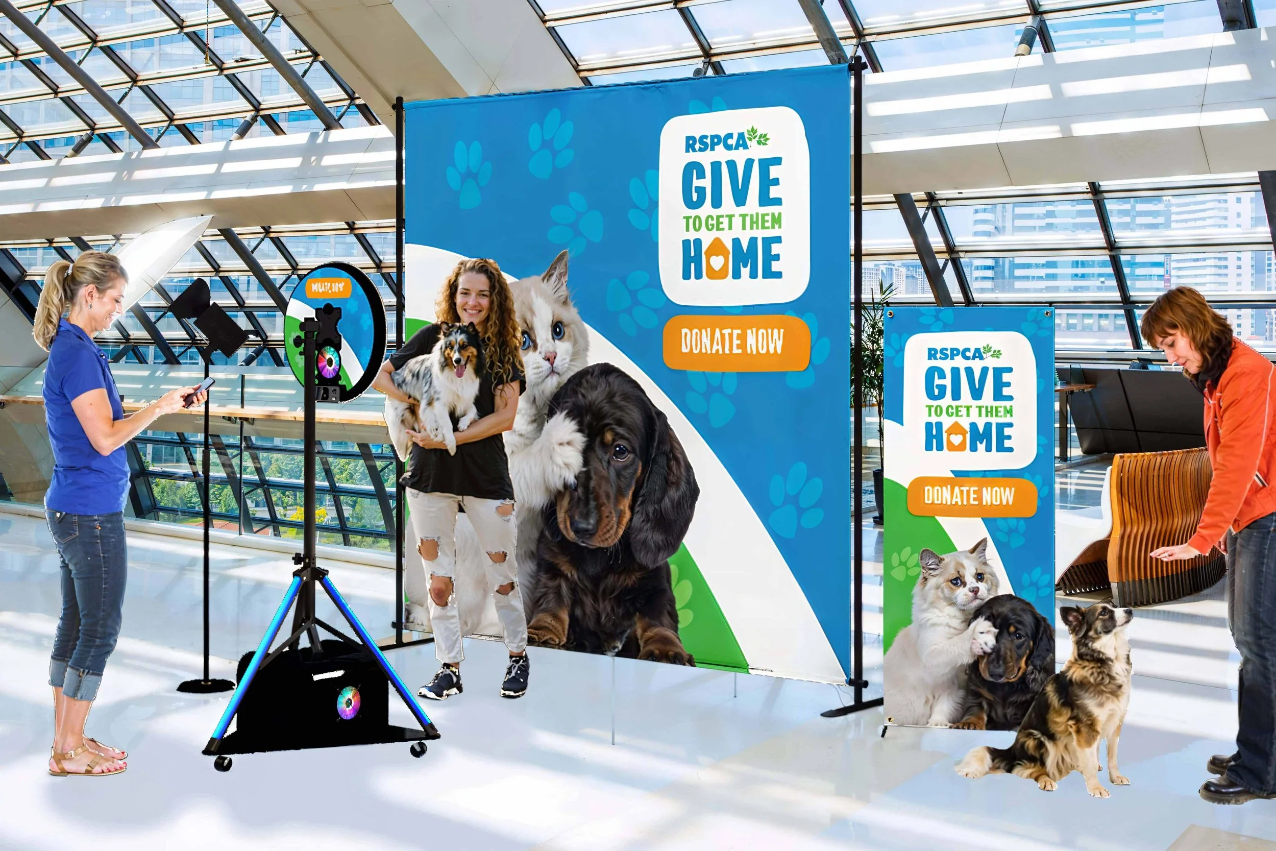 Indoor event photography setup in Darwin with professional lighting and tripods, capturing high-quality moments for the RSPCA pet adoption campaign.