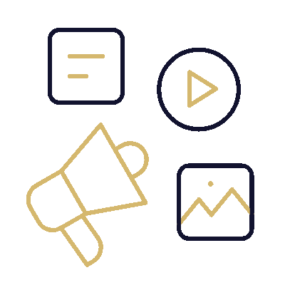 Line drawing of a megaphone, a play button, text lines, and a mountain with a sun or moon in a minimalistic style.
