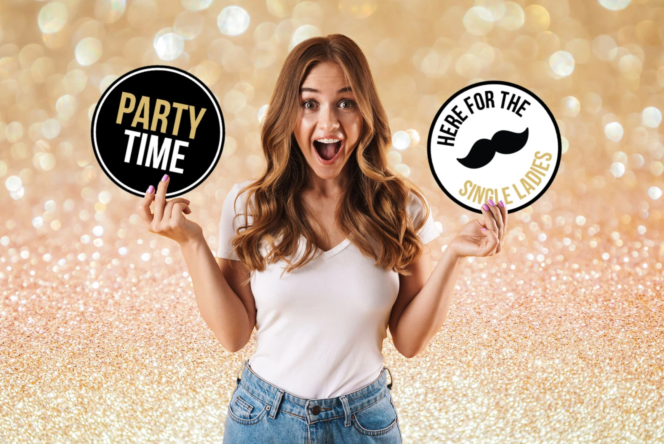 Excited guest at a Darwin party photo booth holding "Party Time" and "Here for the Single Ladies" props by Ausome Love Studio.