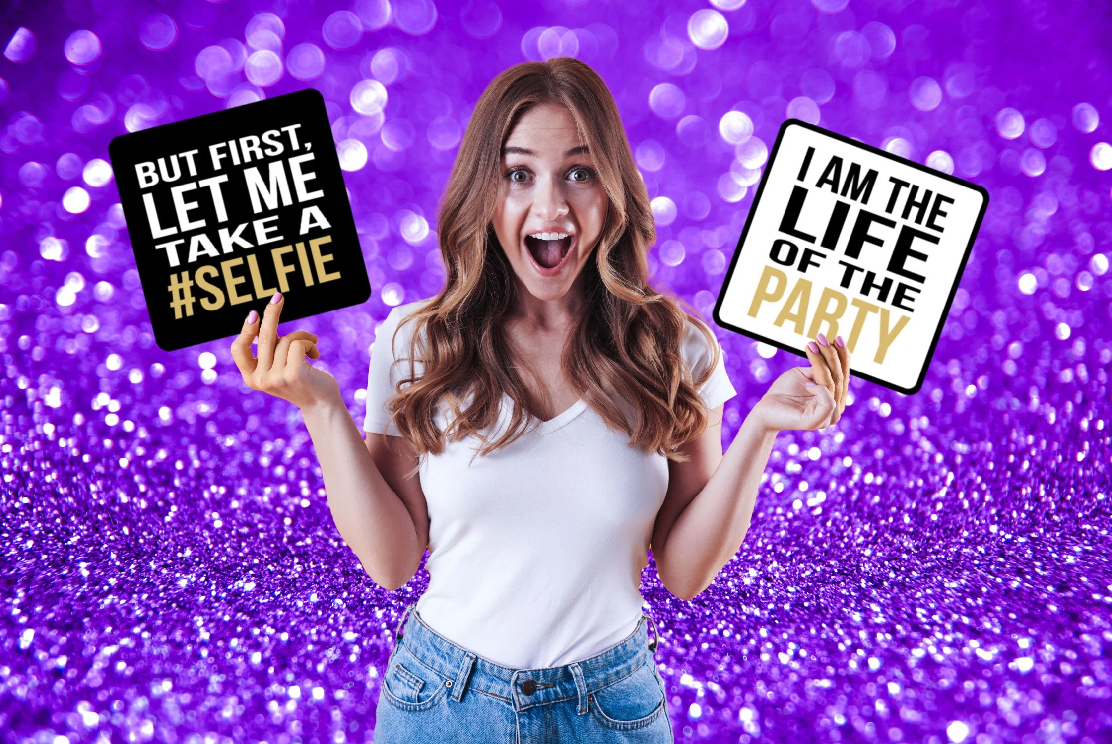 Fun photo booth experience by Ausome Love Studio in Darwin, featuring "But first, let me take a #SELFIE" and "I am the life of the party" props.