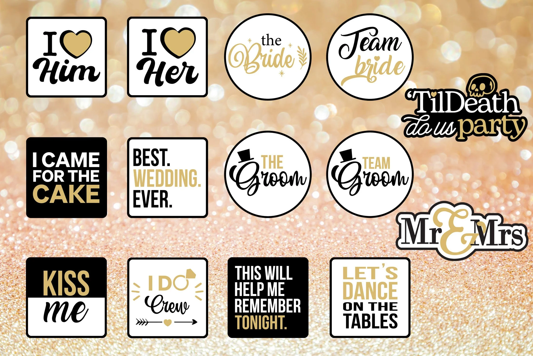 Wedding-themed sticker props in Darwin including "the bride," "team groom," and "TiLDeath do us party".