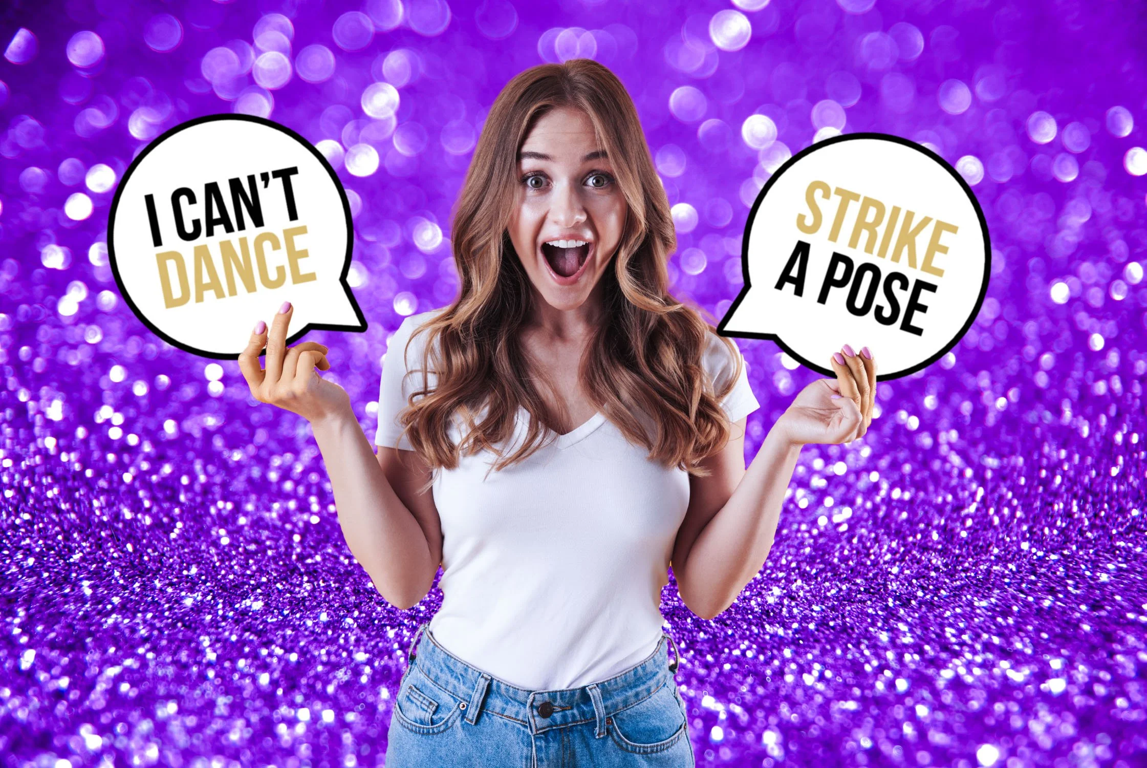 Excited guest at an Ausome Love Studio photo booth in Darwin holding "I Can’t Dance" and "Strike a Pose" signs against a purple sparkle backdrop.