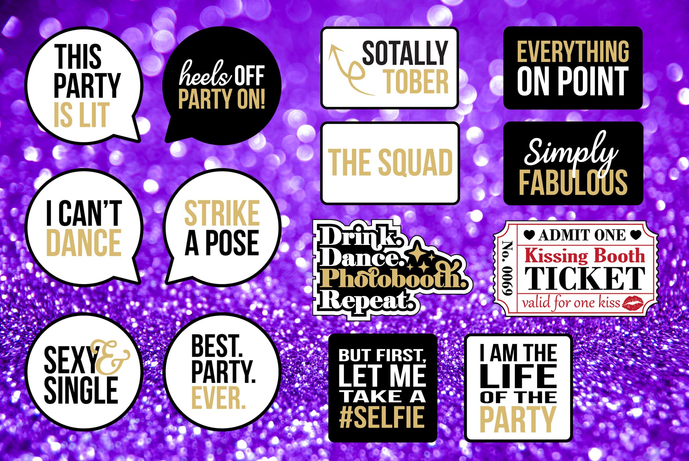 A variety of fun photo booth props and stickers for Darwin weddings and parties, including "Kissing Booth" tickets and "Strike a Pose" speech bubbles.