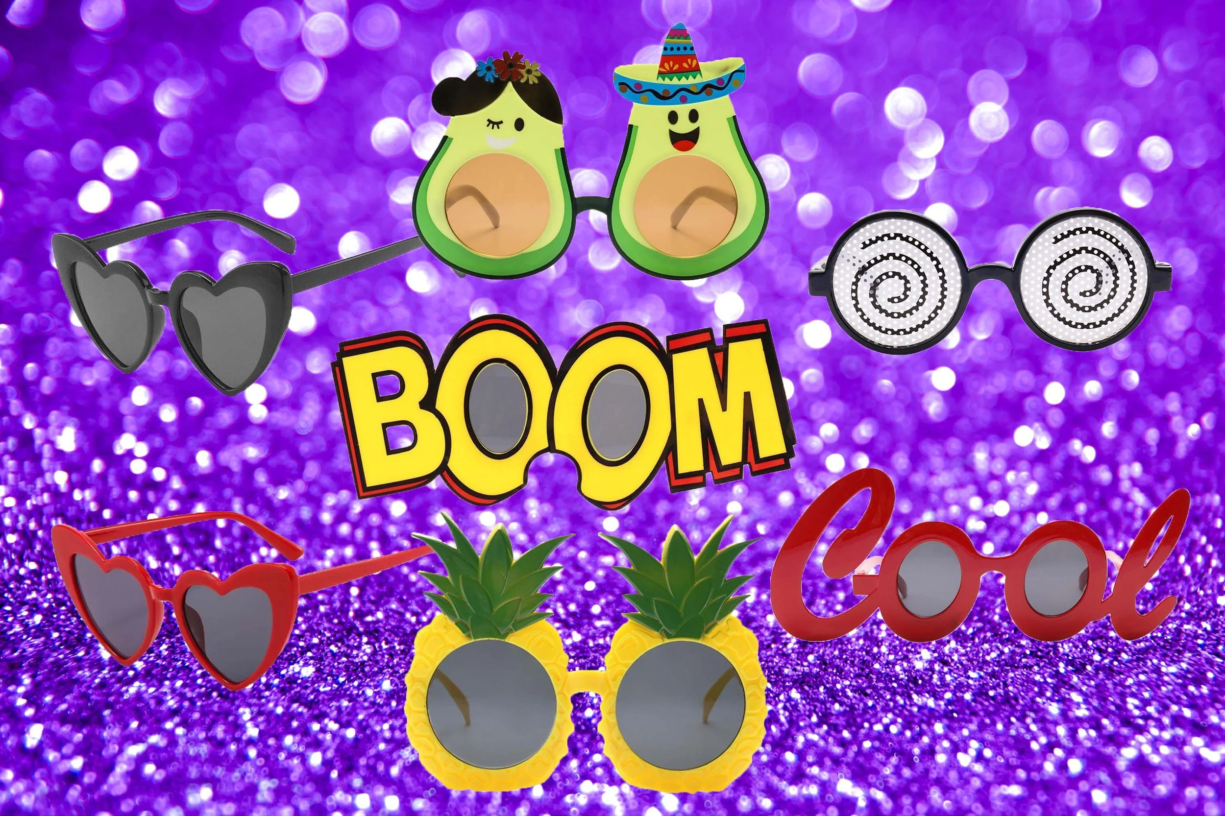 Colorful novelty sunglasses including avocado and pineapple themes, perfect for Darwin birthday party and wedding photo booth hire.