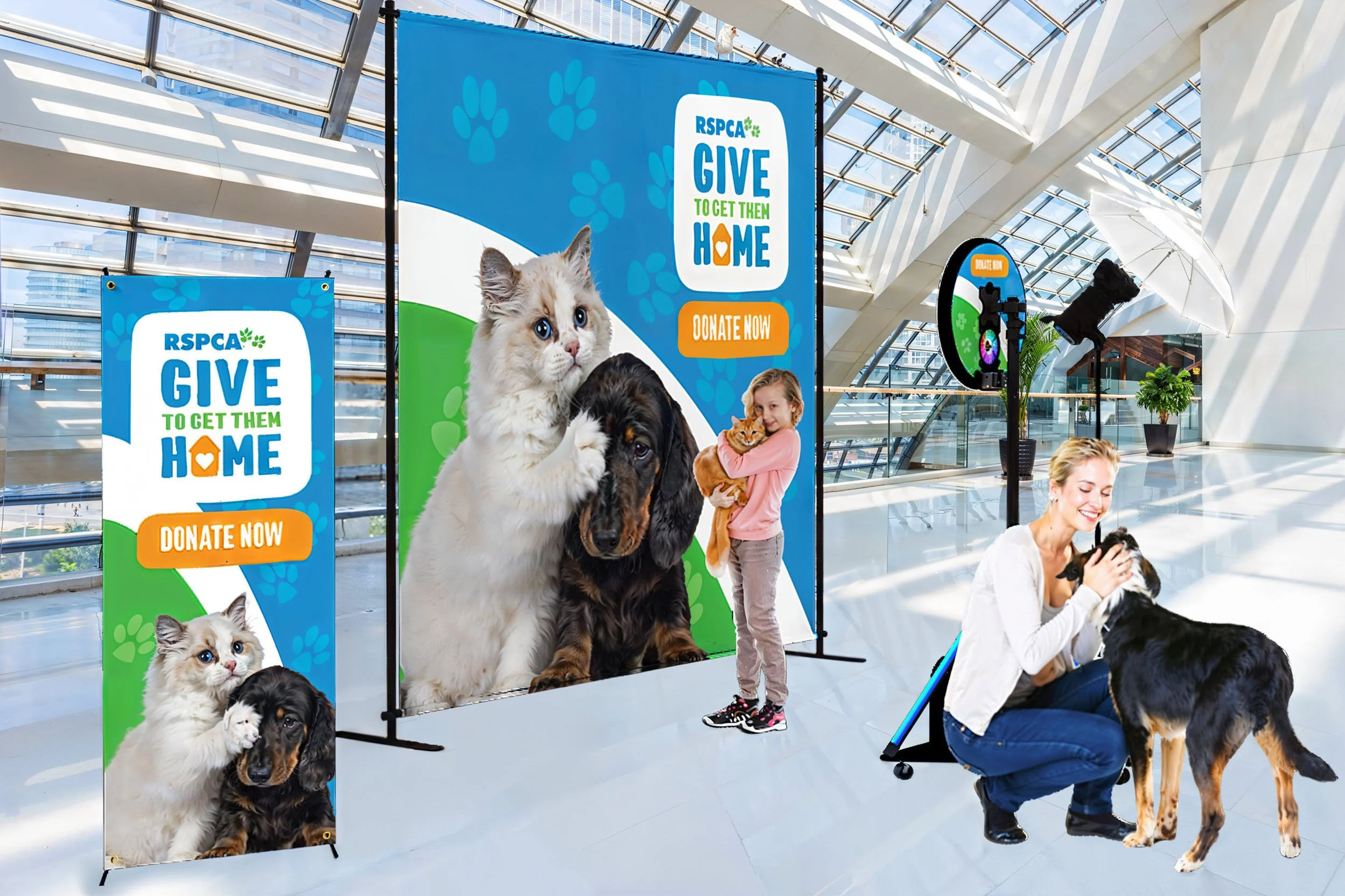 Spacious modern venue in Darwin hosting an RSPCA fundraiser, showcasing interactive pet photography and community engagement banners.