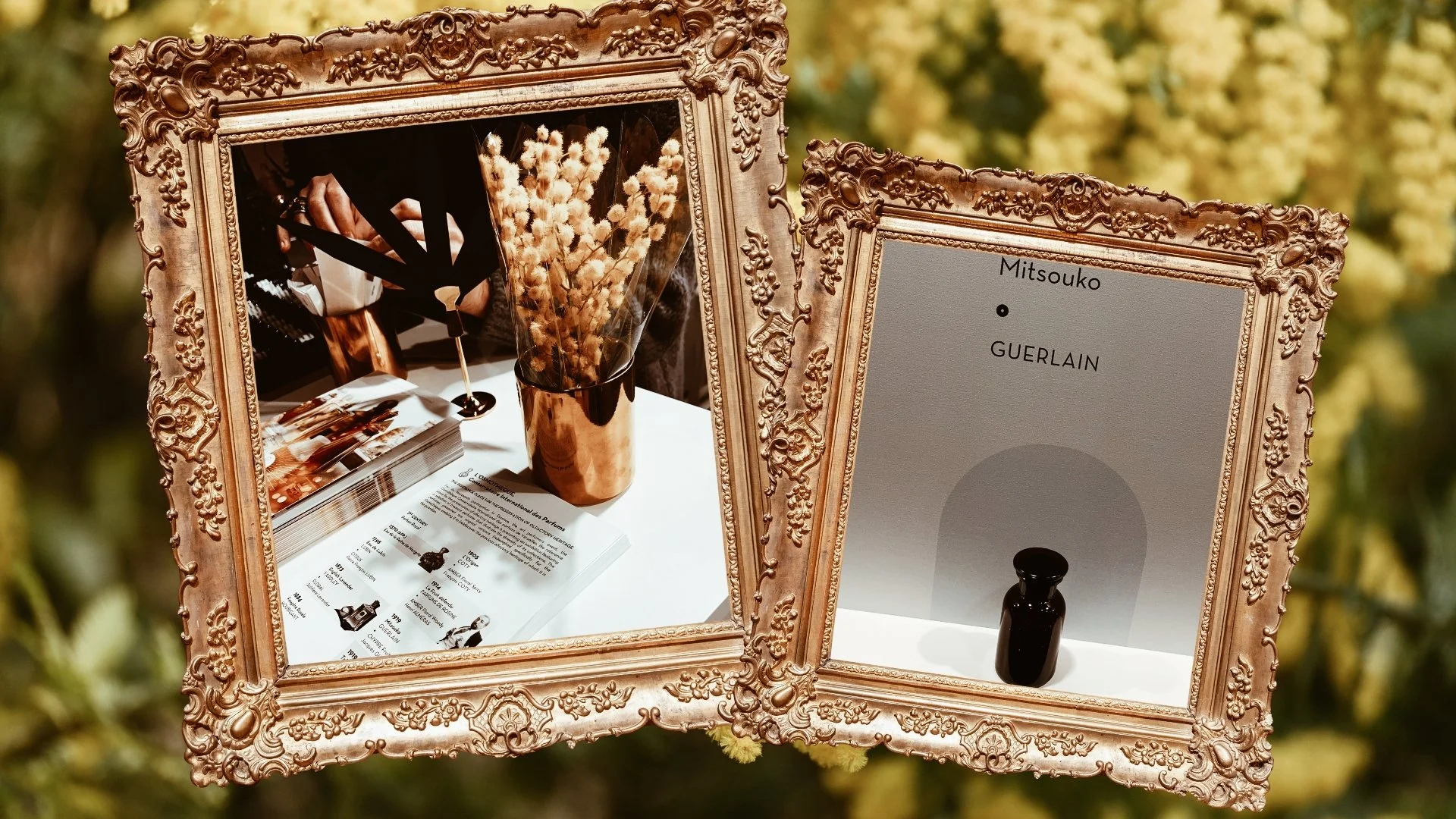 Perfume.Curious at Esxence. Osmotheque booth with mimosas. Mitsouko perfume.