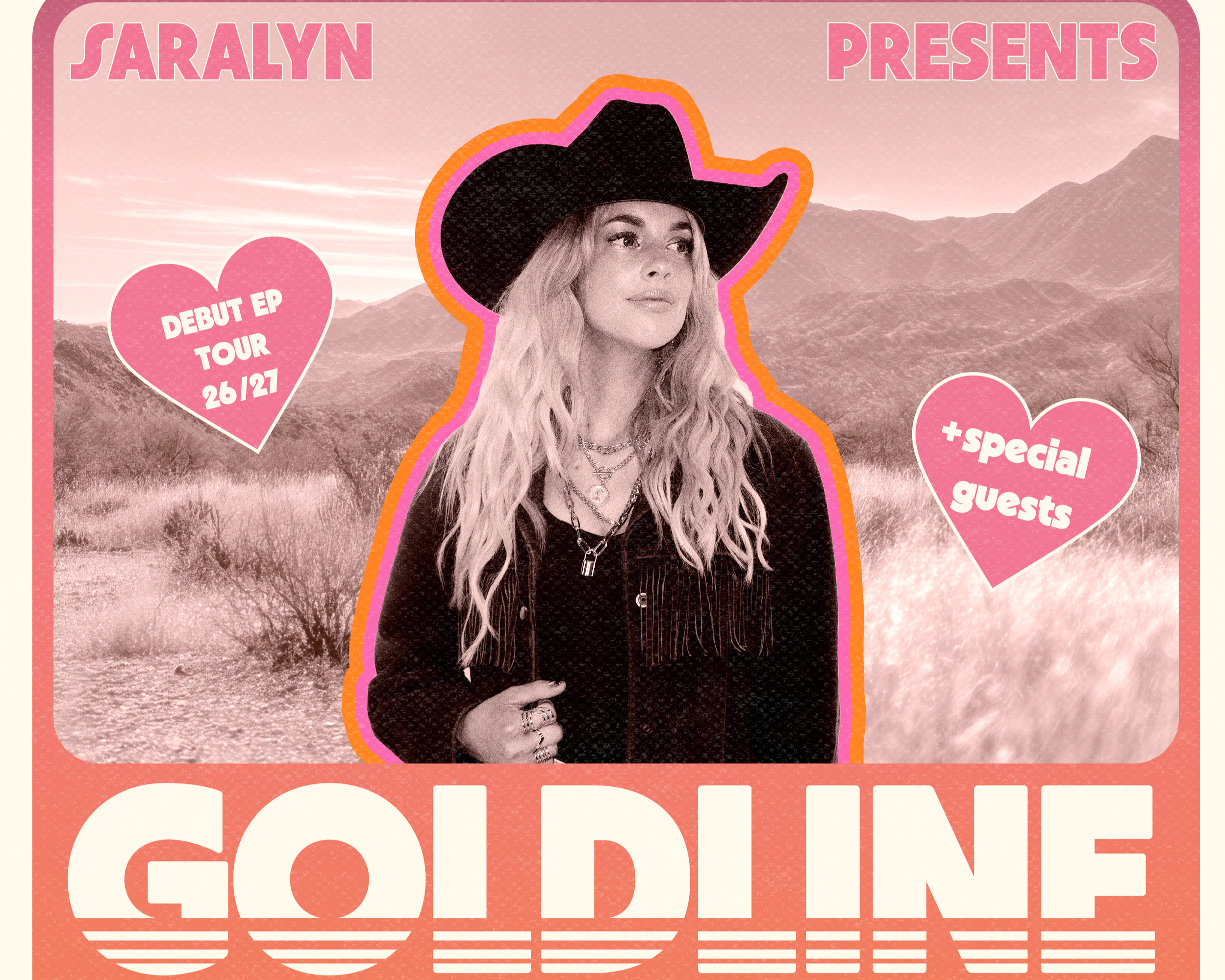 Poster advertising a live music event featuring Saralyn, performing at the Old George & Dragon, with an artistic orange and black illustration of a woman and two dogs.