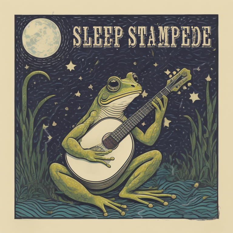 A frog sitting on the ground playing an acoustic guitar under a full moon and stars, with tall grass surrounding it, and the words 'Sleep Stamped' at the top.