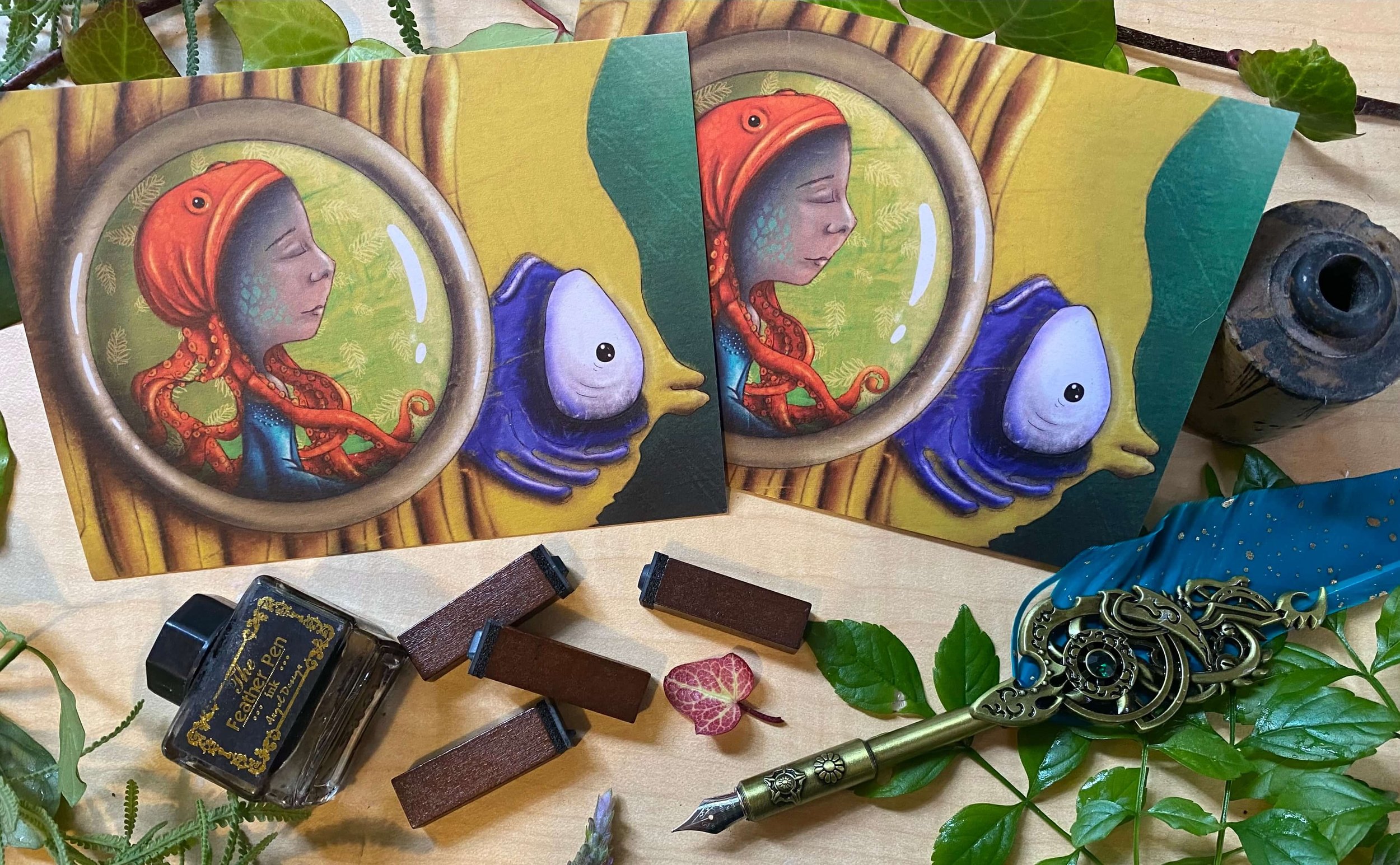 octopus woman fish travelling postcard