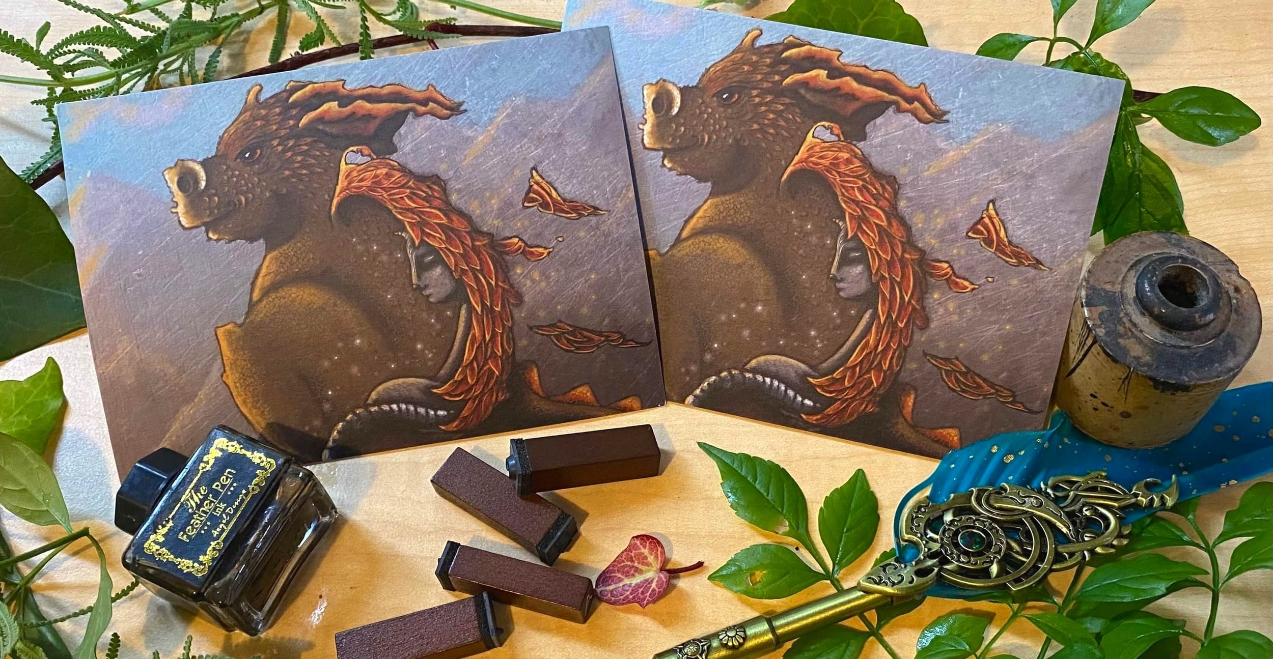 pig dragon monk protector magical postcard