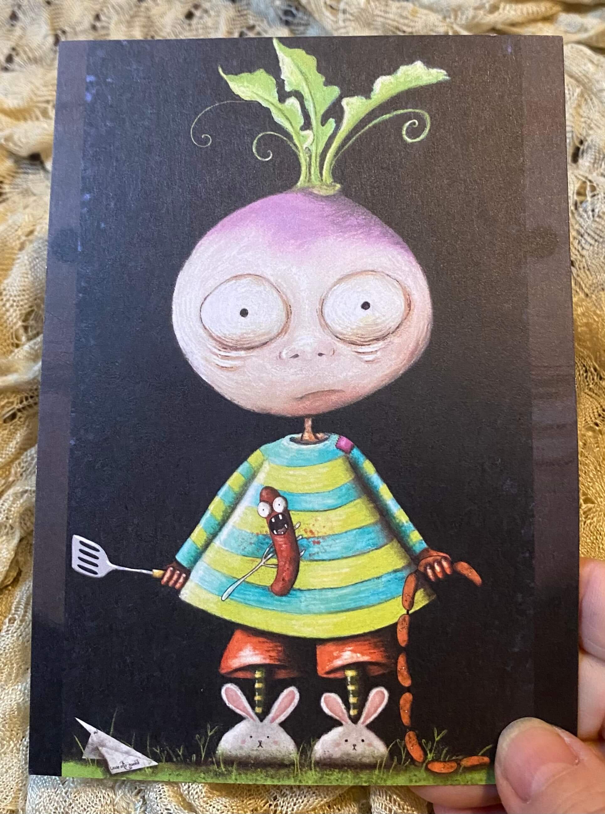 turnips turnip boy sausages postcard post card