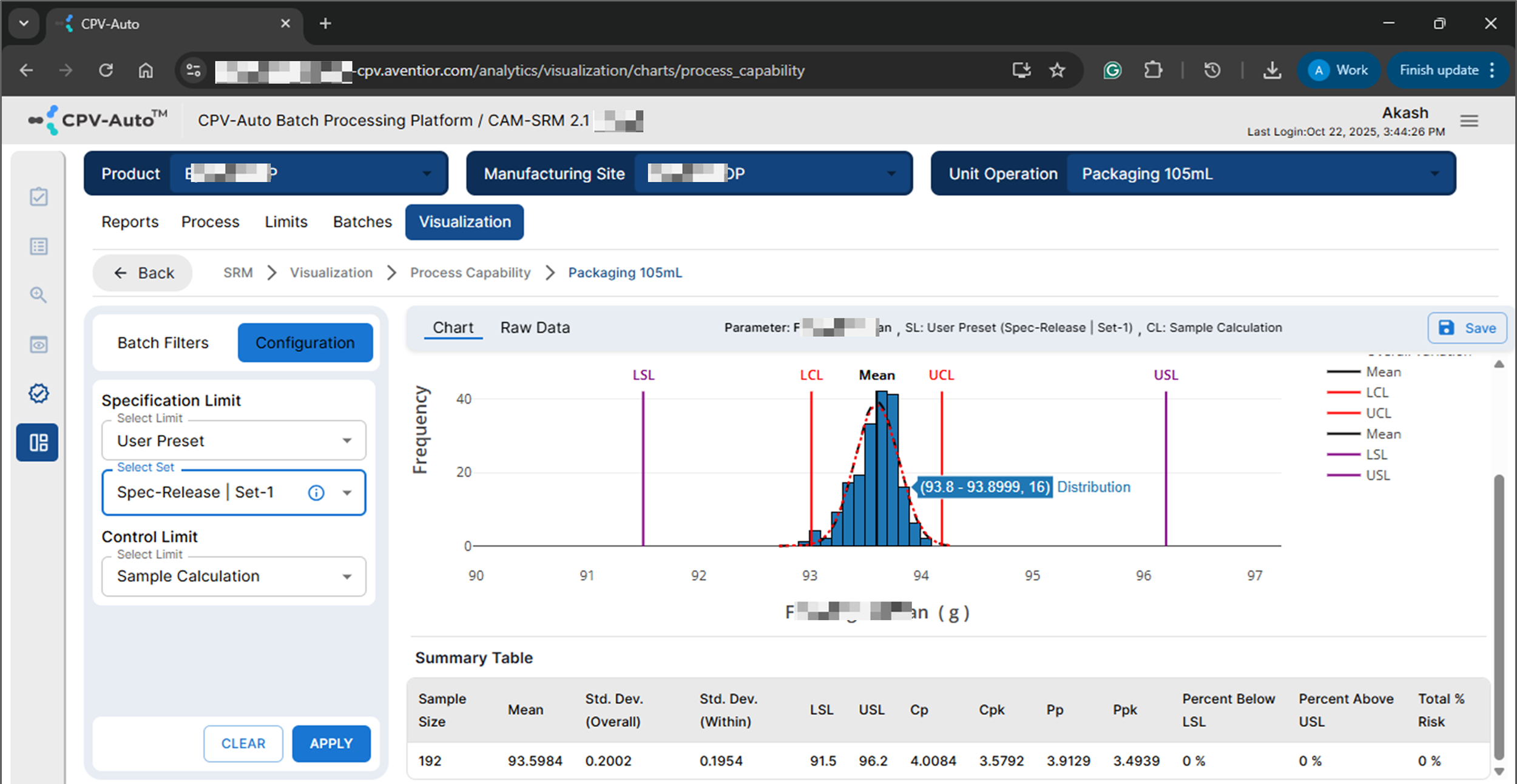 SRM Process capability analysis screen