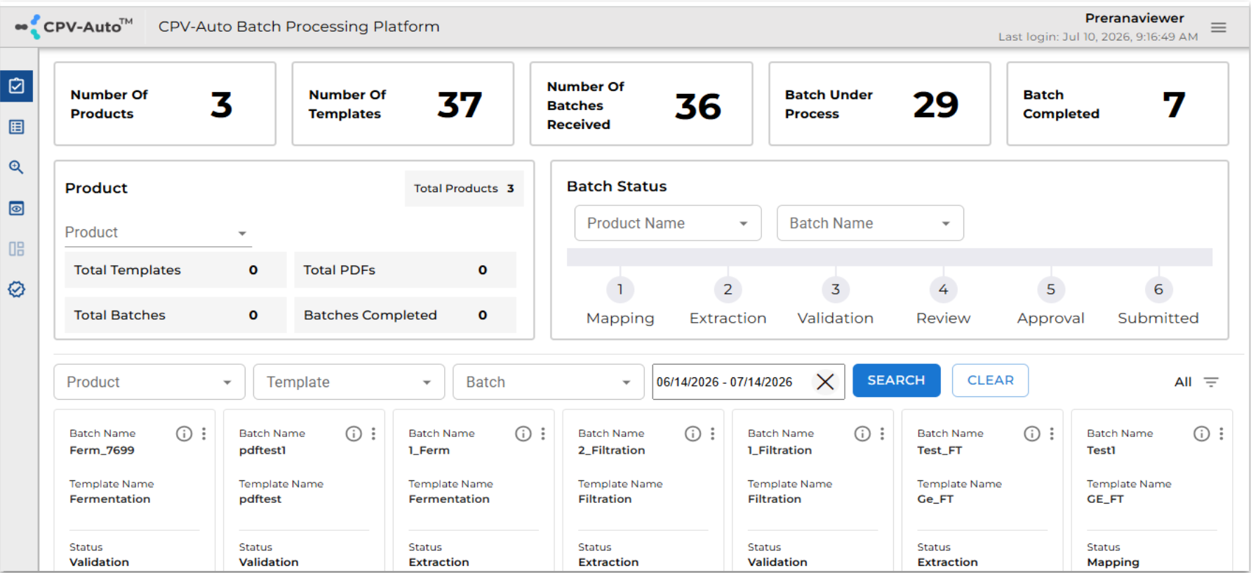 Real-time project dashboard for batch processing, document status and process monitoring