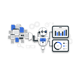 Illustration of a robot analyzing data on various screens and graphs.