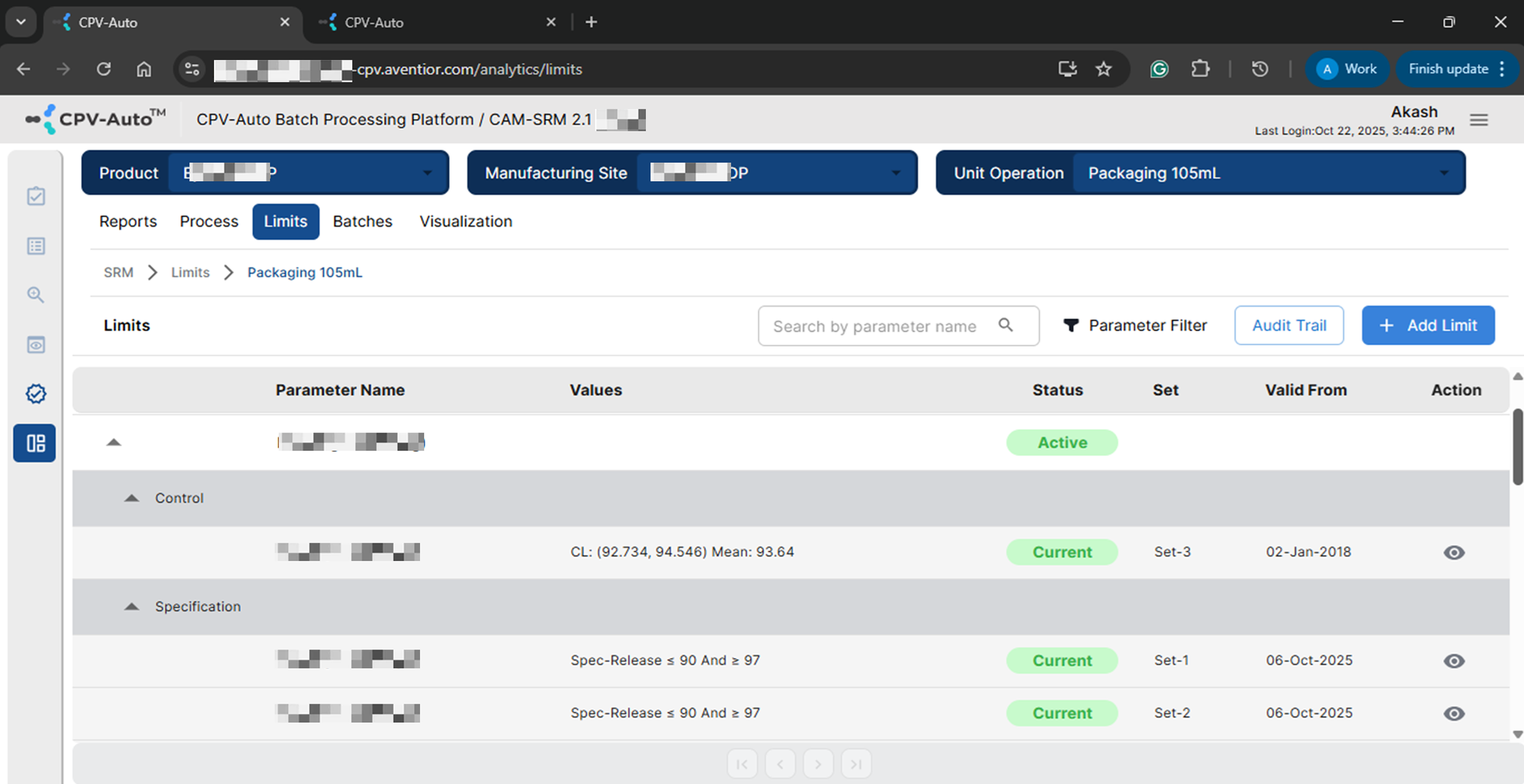 SRM Limits and specification screen