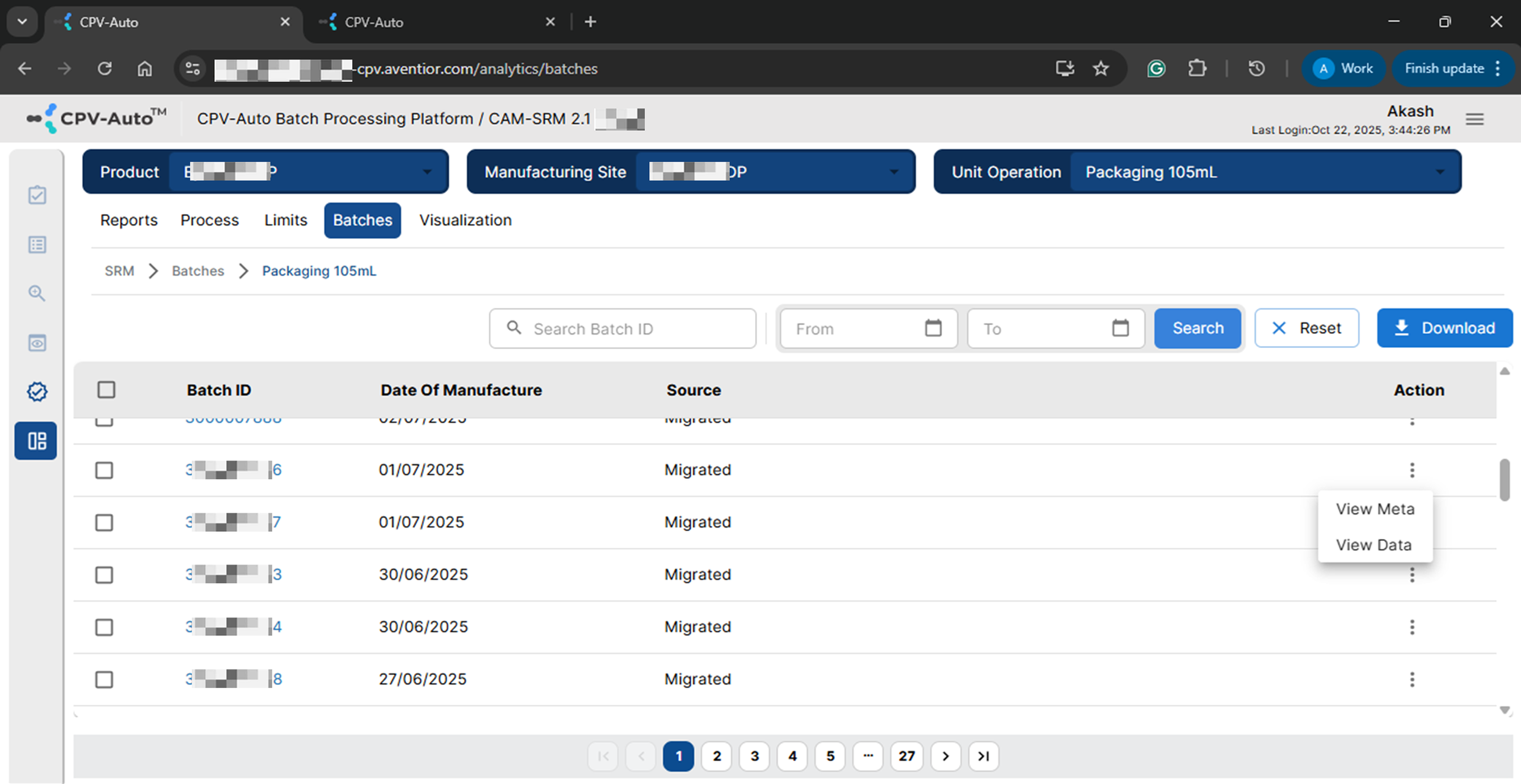 SRM Batch review screen
