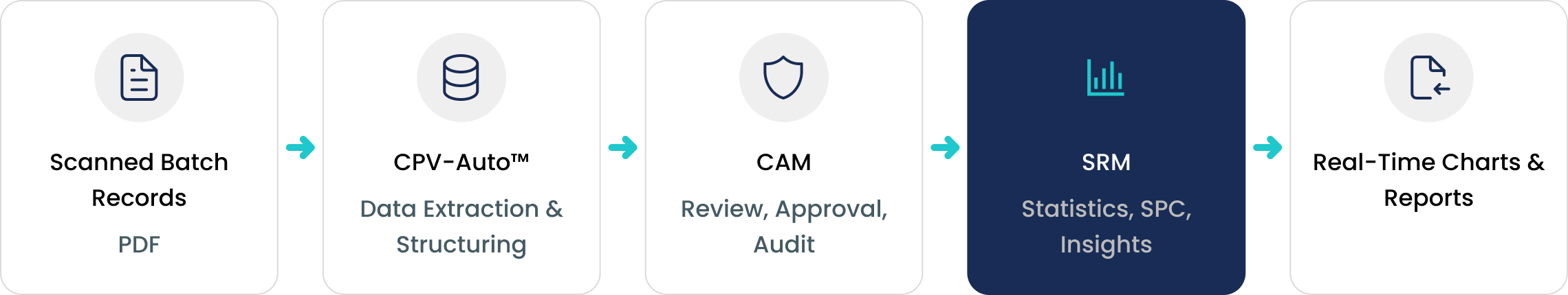 Flowchart of data processing steps including scanned batch records, data extraction, review, analysis, and reporting
