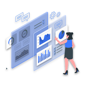 A woman interacts with a digital data dashboard displaying charts, graphs, and analytics visualizations in a futuristic interface.