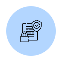 Icon of a document with a shield and checkmark, and a padlock, representing security or protection of information.