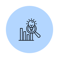 Lightbulb with magnifying glass over bar graph inside a blue circle.