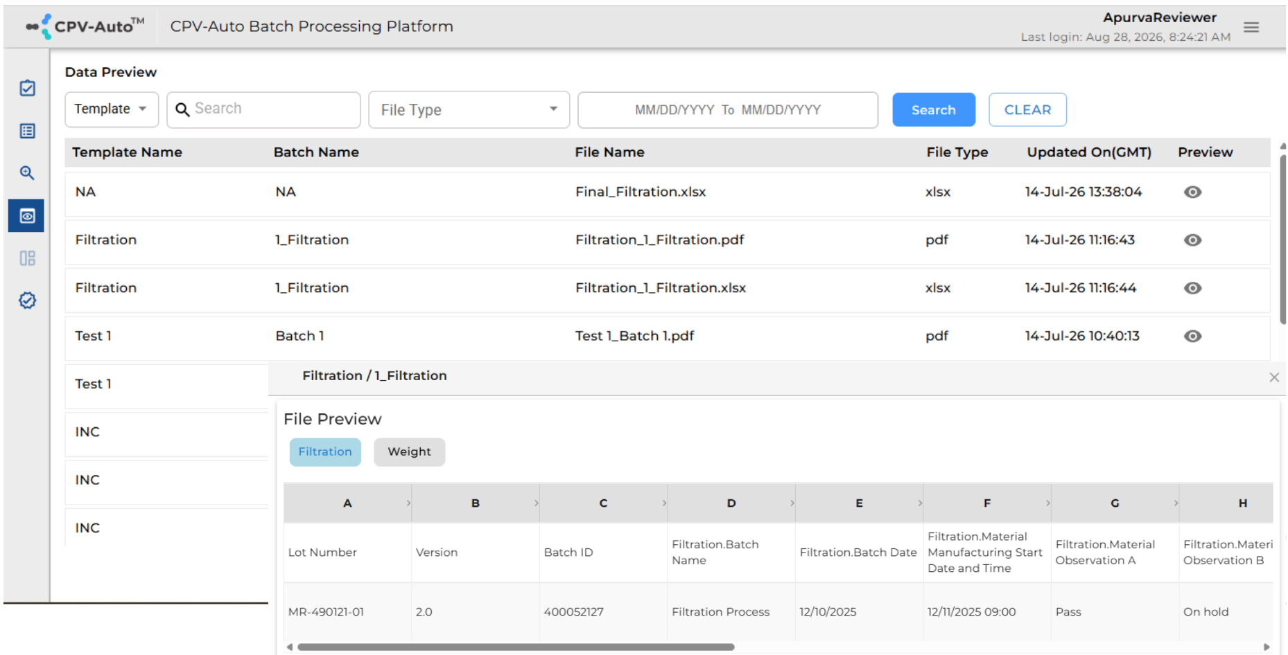 Preview transcribed manufacturing data for accuracy before submission