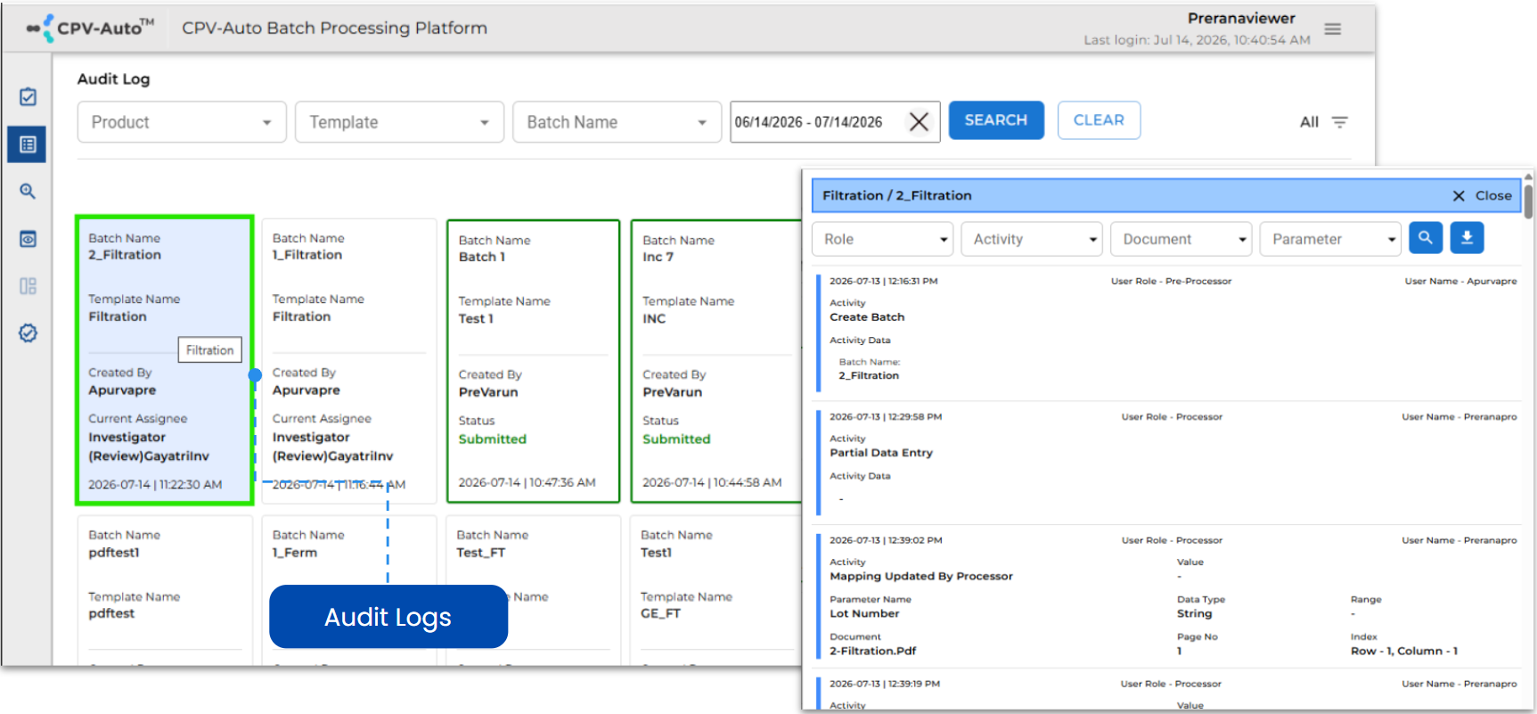 Audit trail and logs for tracking manufacturing data changes and activities