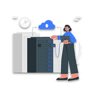 Person working with servers in a data center, holding a laptop and connecting cables, with a clock and cloud icon in the background.