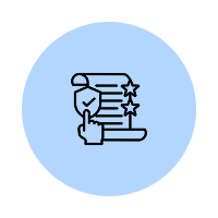 Icon of a checklist with a star, a hand pointing at it, all inside a blue circle.