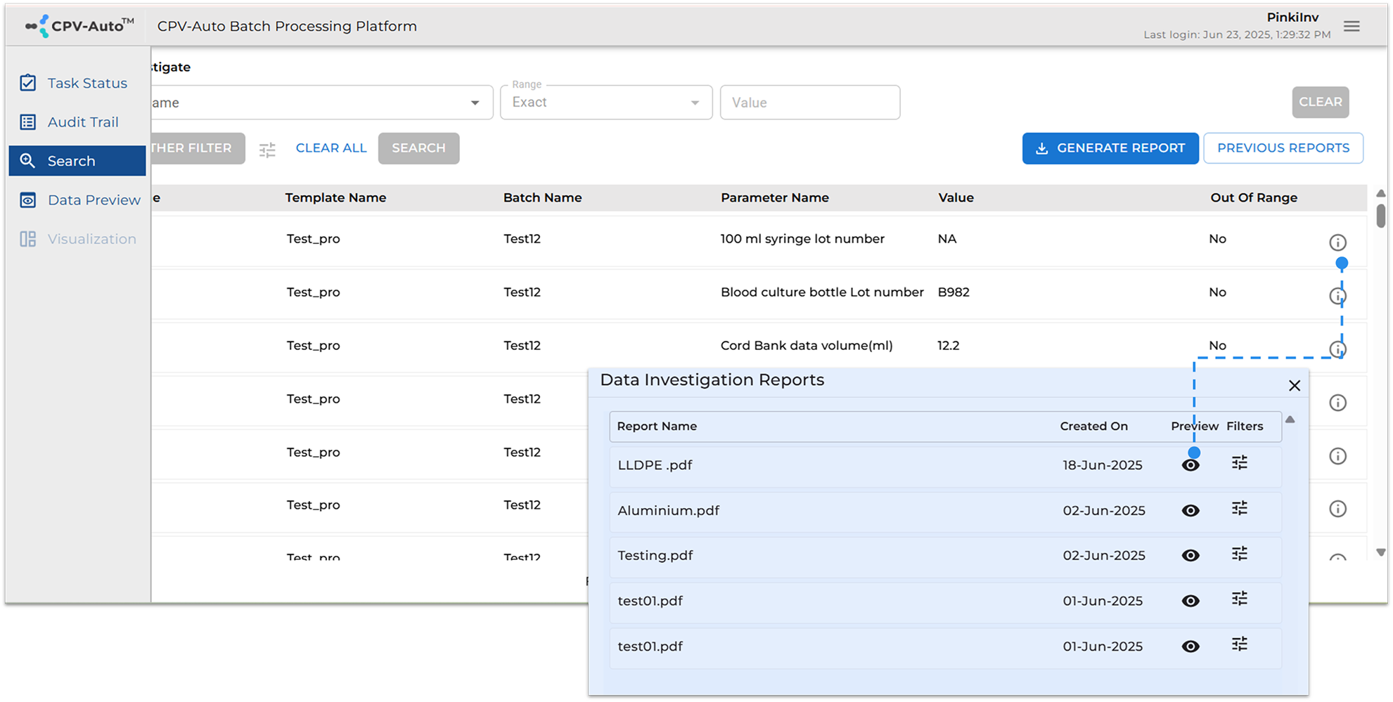 CAM Search & Investigate SCREEN