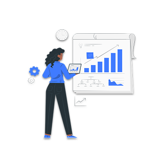 A woman looking at a large screen displaying a rising bar graph and a line graph, with a clock on the wall behind her, indicating a focus on data analysis or business growth.