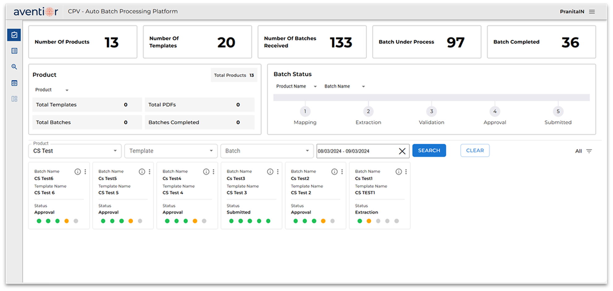 CAM Project dashboard screen