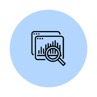 Icon of a computer screen with a bar chart, magnifying glass, and a pie chart.