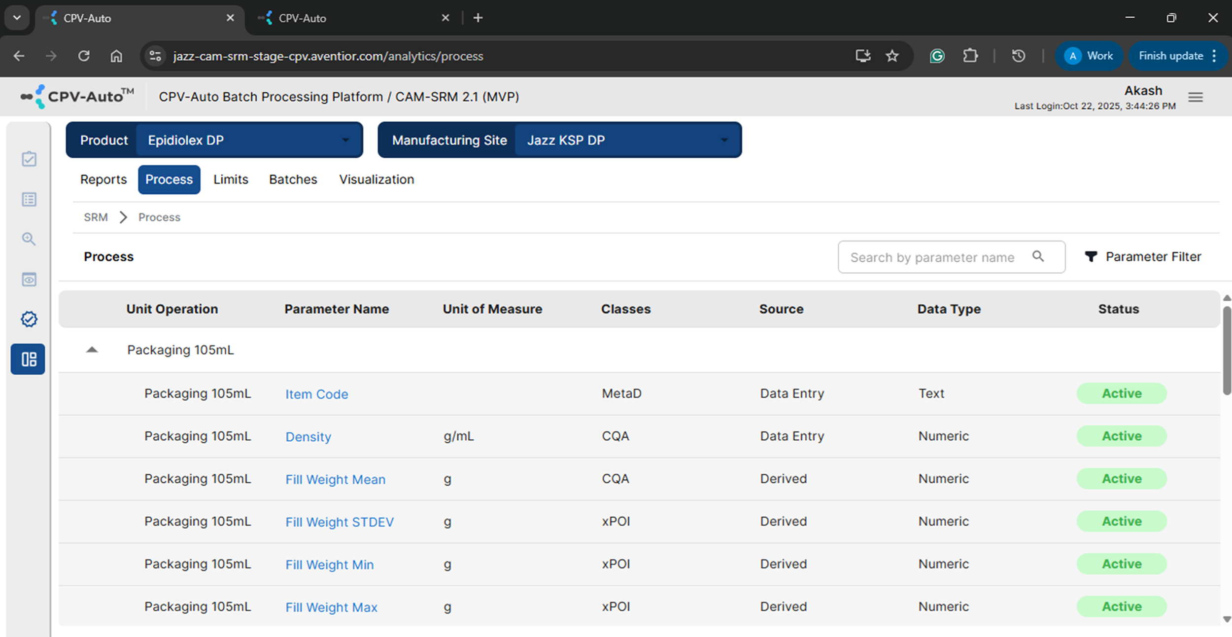 SRM Process and Parameter screen