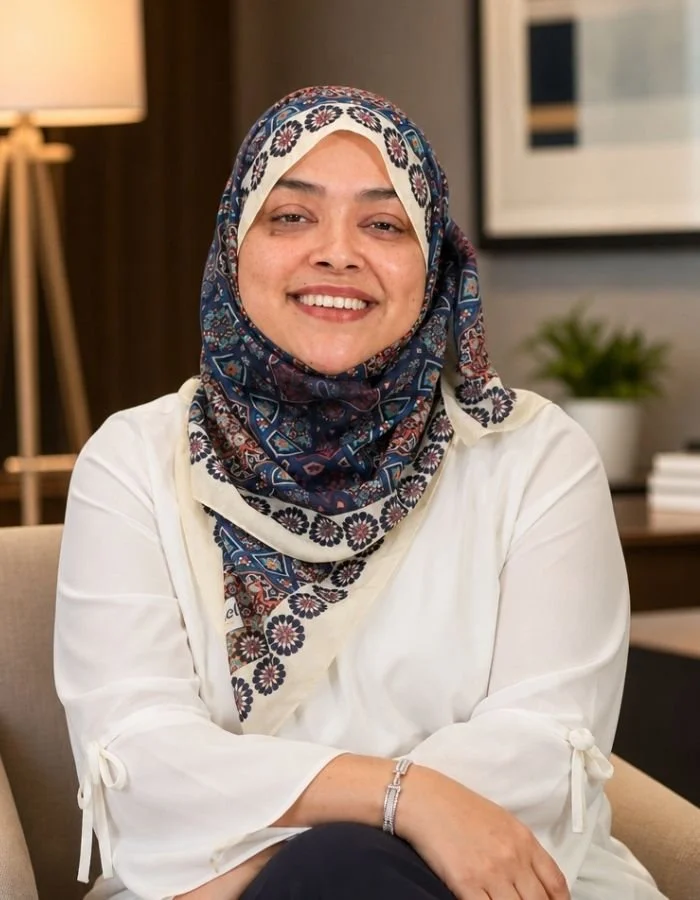 Nurjahan Khatun, coach & speaker. wearing a patterned hijab and white blouse, sitting on a chair and smiling in a room with a lamp, a framed picture, and a plant in the background.