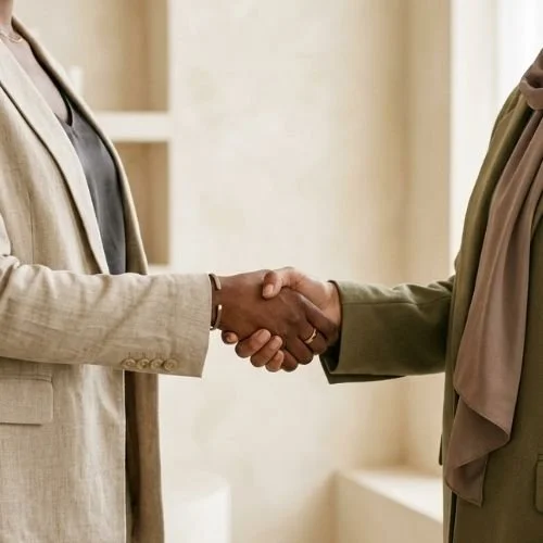 Two women shaking hands indoors, one wearing a beige blazer and the other wearing a darker green blazer. Nurjahan Khatun, coach & speaker.
