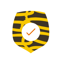 stylized shield with tiger stripes and check mark