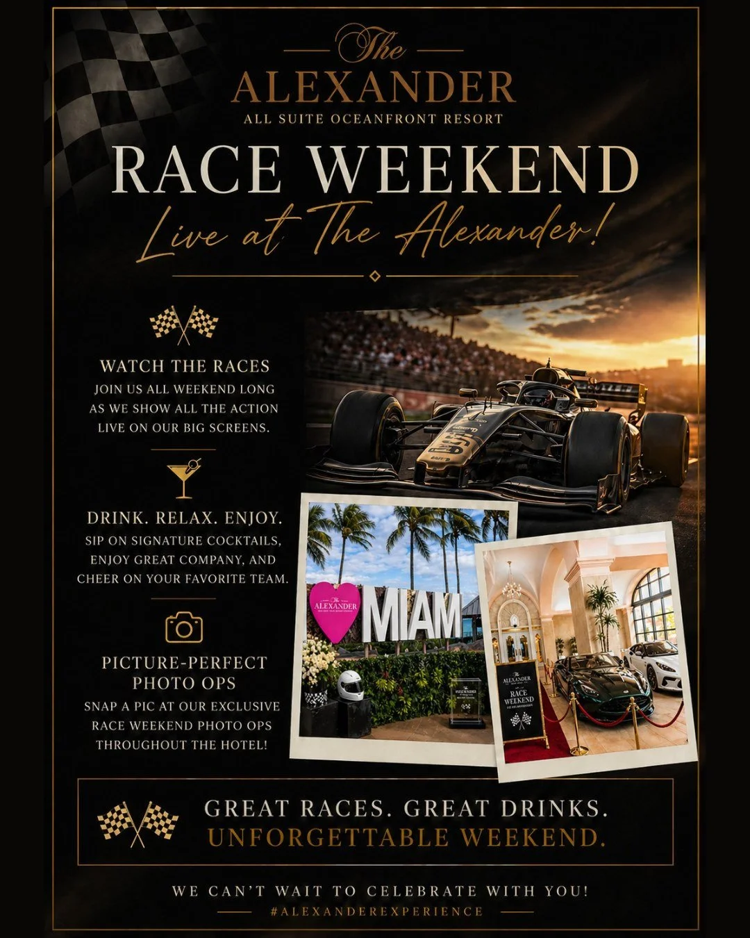 Race weekend hits different when you're watching from an oceanfront suite.

All weekend, we're streaming every lap live on the big screens while you sip signature cocktails and soak in the energy. Photo ops are set up throughout the hotel so the memo