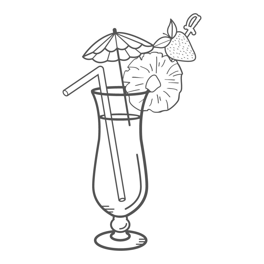 Illustration of a tropical cocktail with a straw, umbrella, pineapple slice, and strawberry garnish in a glass.