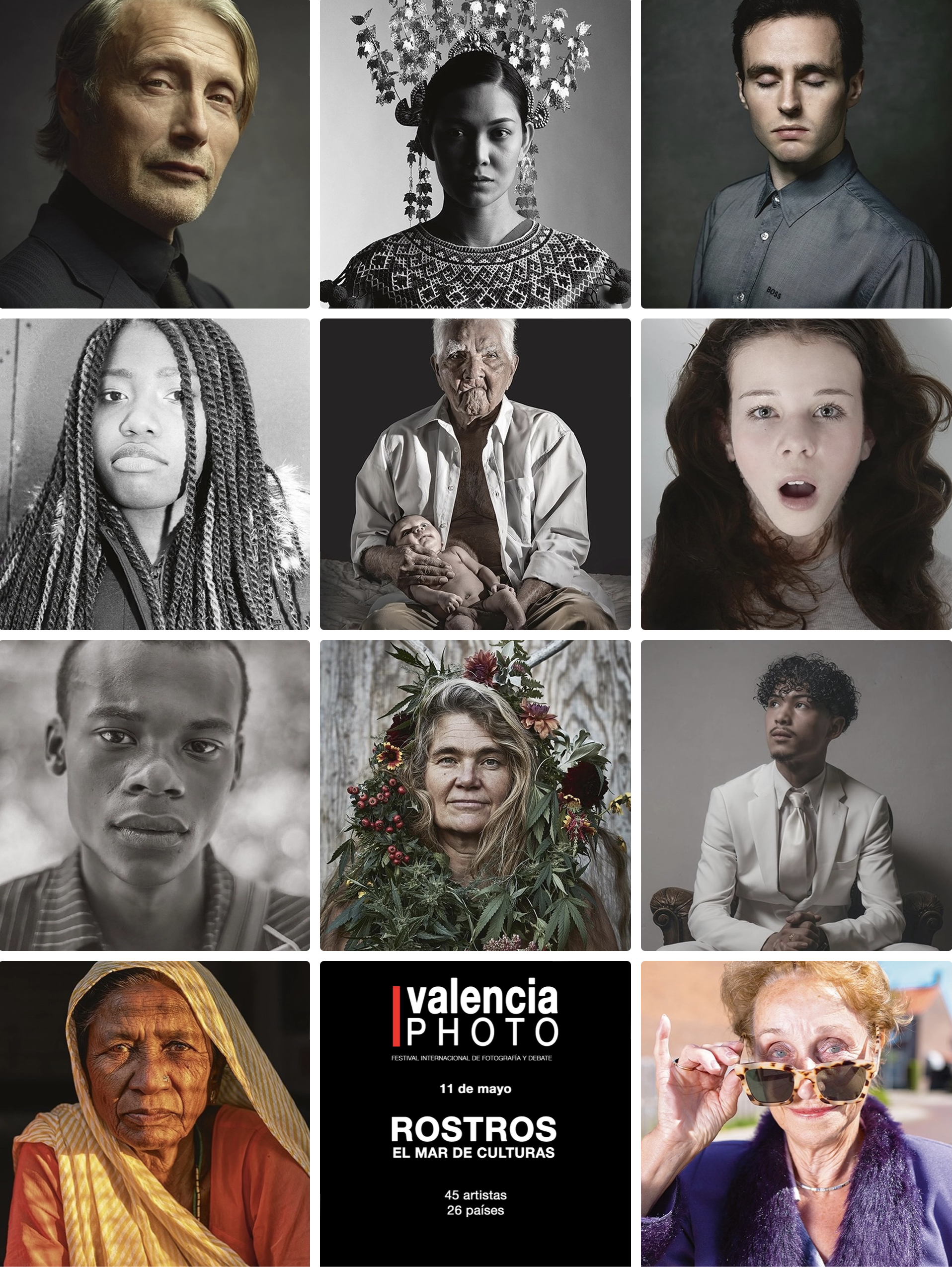 Collage of diverse portrait photos of people of various ages, ethnicities, and styles, surrounding a black poster for an international photography and debate festival called 'Valencia Foto'. The poster features the event date, '11 de mayo', and the theme 'Rostros: El Mar de Culturas', with details about 45 artists from 26 countries.