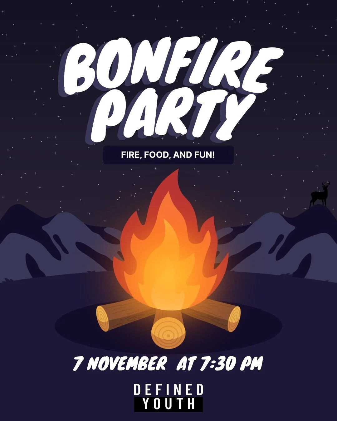 🎆Bonfire Party🎇

TOMORROW we're having a bonfire party at Defined 🙌💥 

There'll be the usual games and snacks and (of course) a bonfire with smores and sparklers✨🔥 

We'd love to see you there. Make sure to wrap up warm! 🧤🧥 

📍STC 
📆 Fri 7th