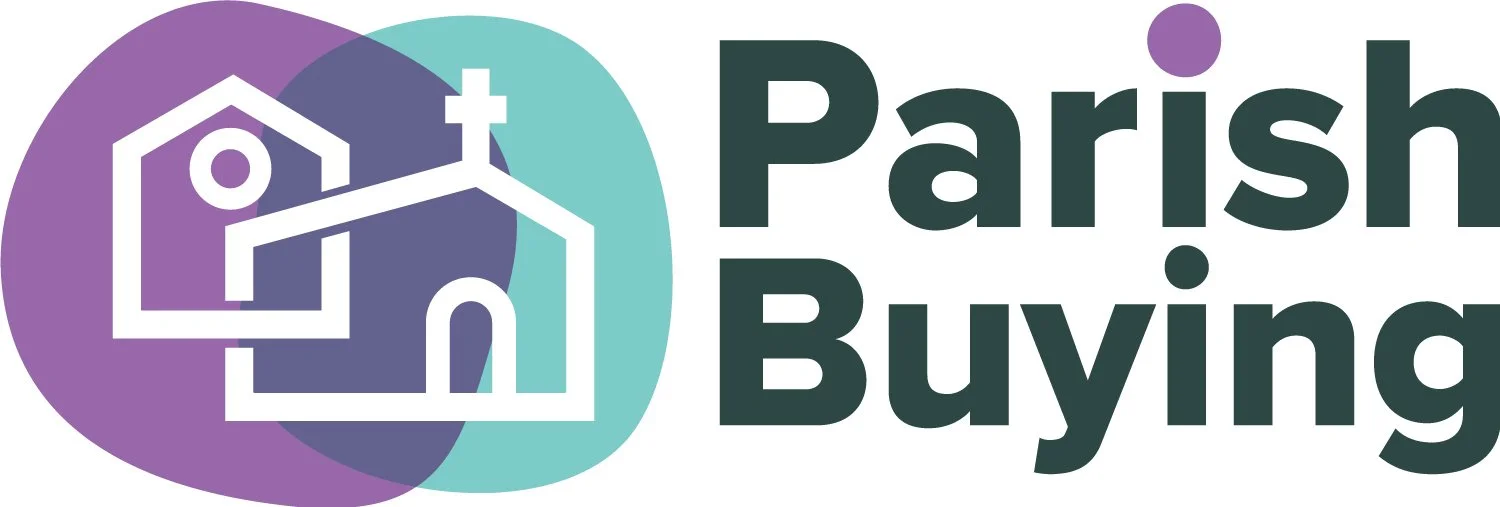 Logo for Parish Buying featuring two stylized houses with overlapping purple and teal backgrounds.