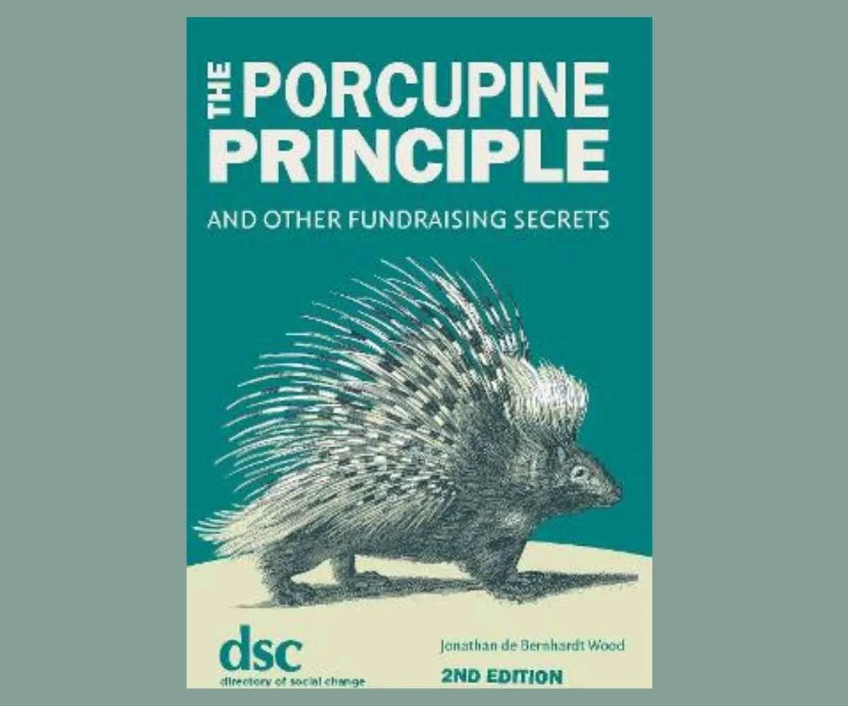 book cover, Image of a hand drawn porcupine in black and white, with a vibrant teal background.