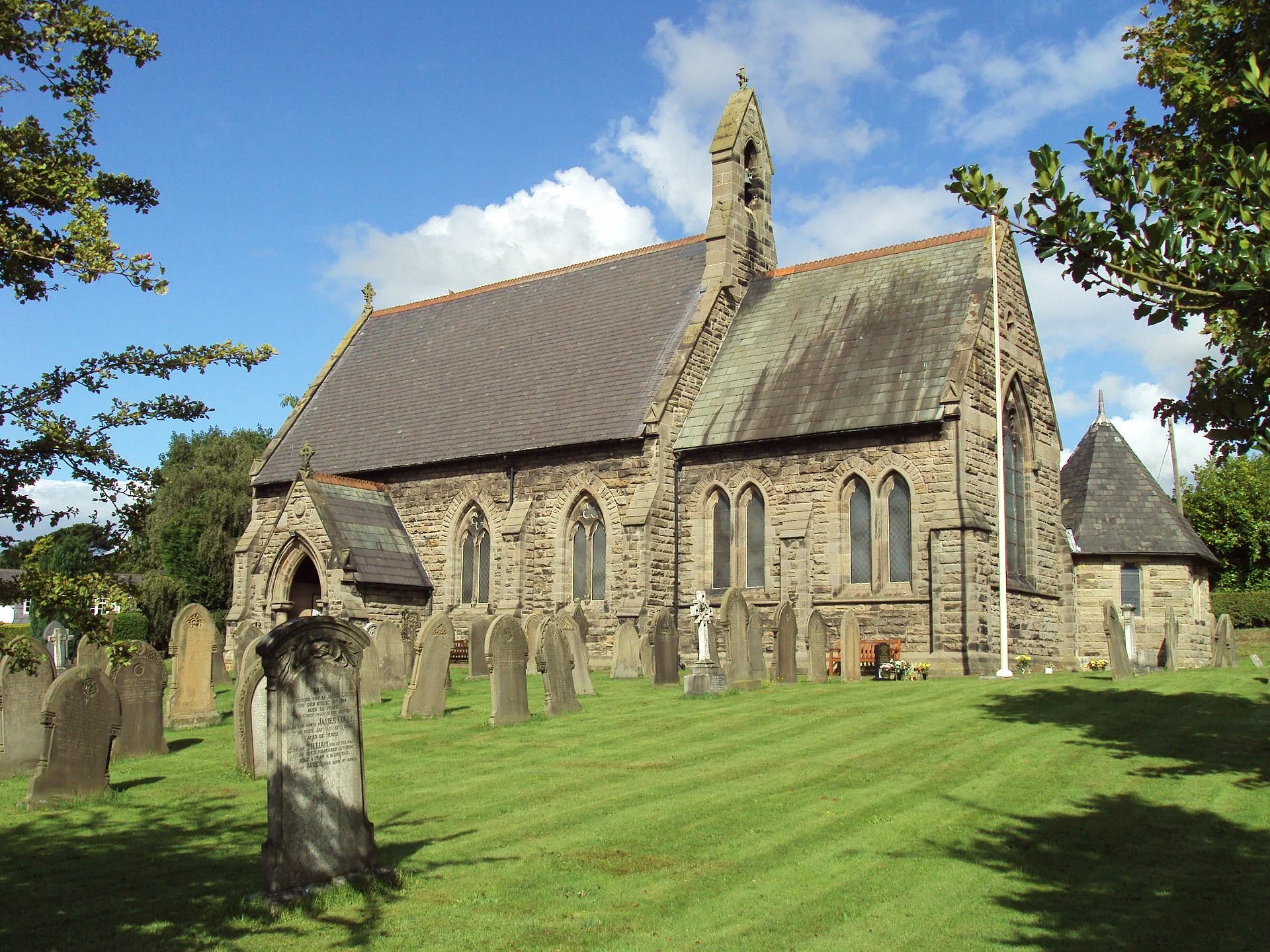 A stone church with a tall steeple, surrounded by a grassy graveyard with headstones, under a blue sky with clouds.