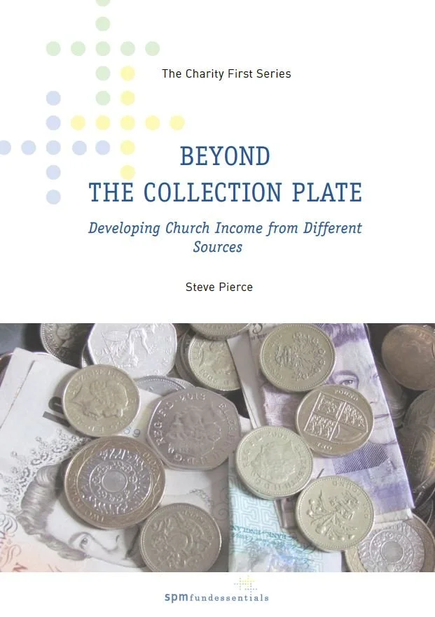 Book titled "Beyond the Collection Plate" with a subtitle "Developing Church Income from Different Sources," by Steve Pierce, featuring a cover image of various coins and banknotes.