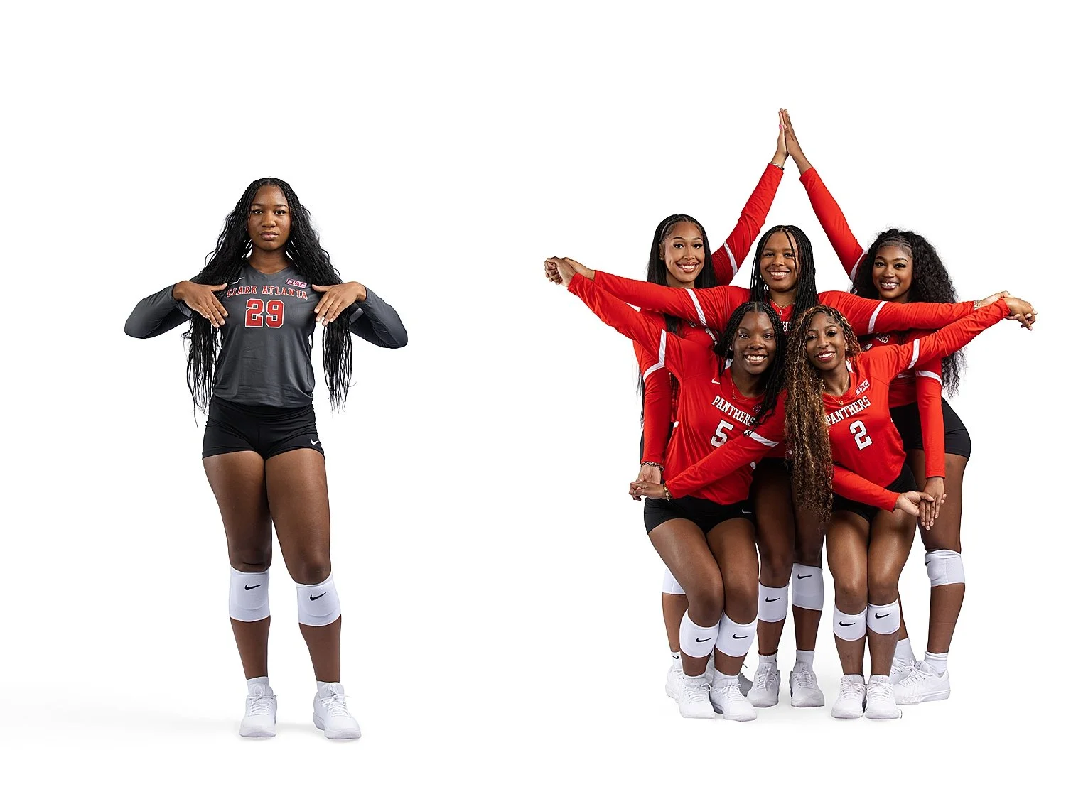 a team of female athletes make a star formation to show you don't need media day productions