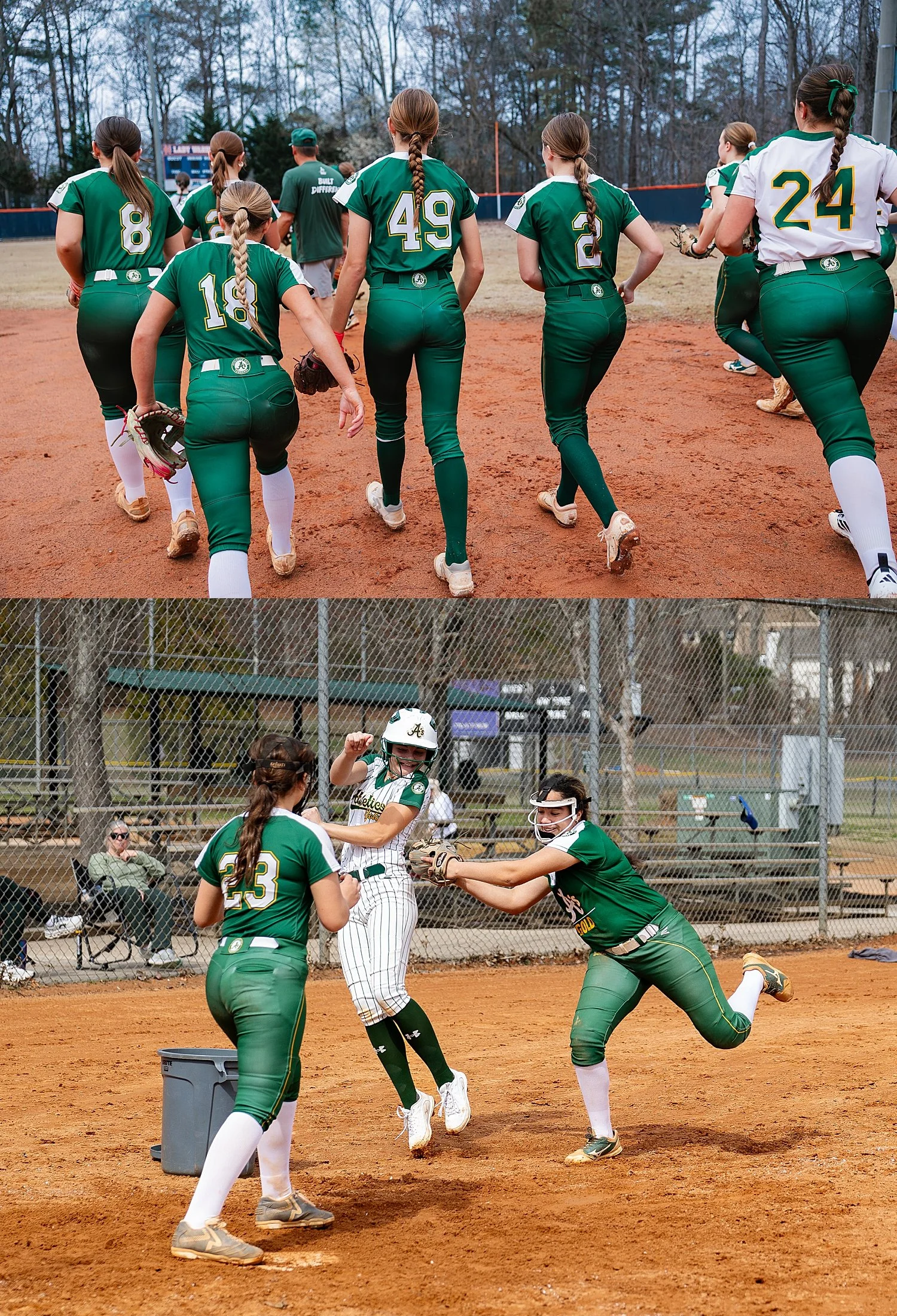  travel softball teams playing around home plate 